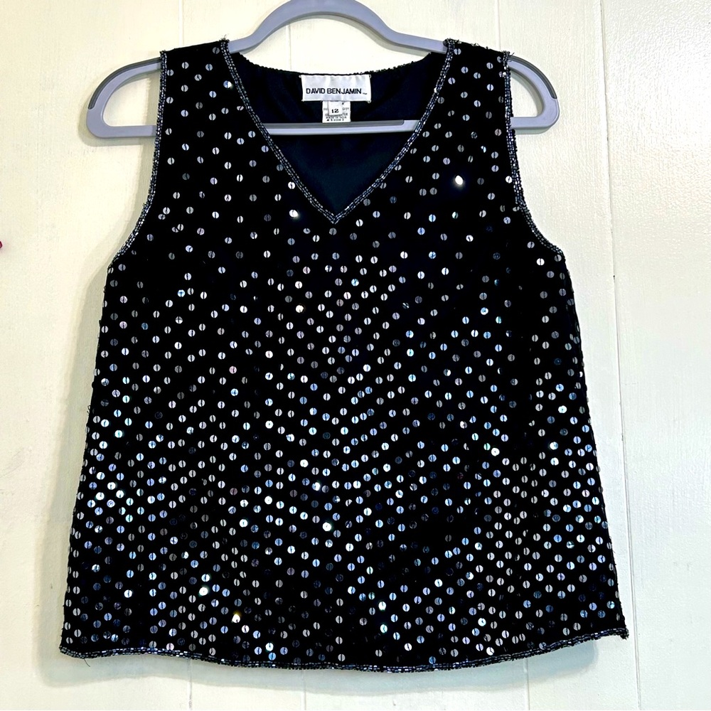 Vintage David Benjamin Party Summer Black Sequins Sleeveless Top Size 12.